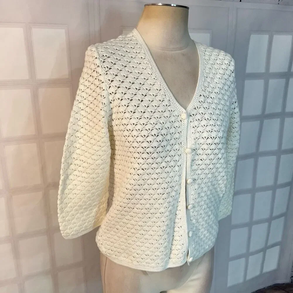 Lauren Ralph Lauren White Exclusive Hand Knit V-Neck Cardigan Petite Medium
